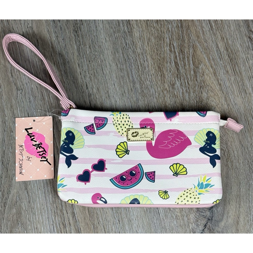Betsey Johnson Flamingo Wristlet Pink White Tropical Wallet Double Pouch LB61006